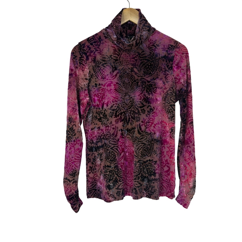 Sno Skins Womens L Mock Neck Burnout Velvet Top Paisley Magenta Pink Made in USA